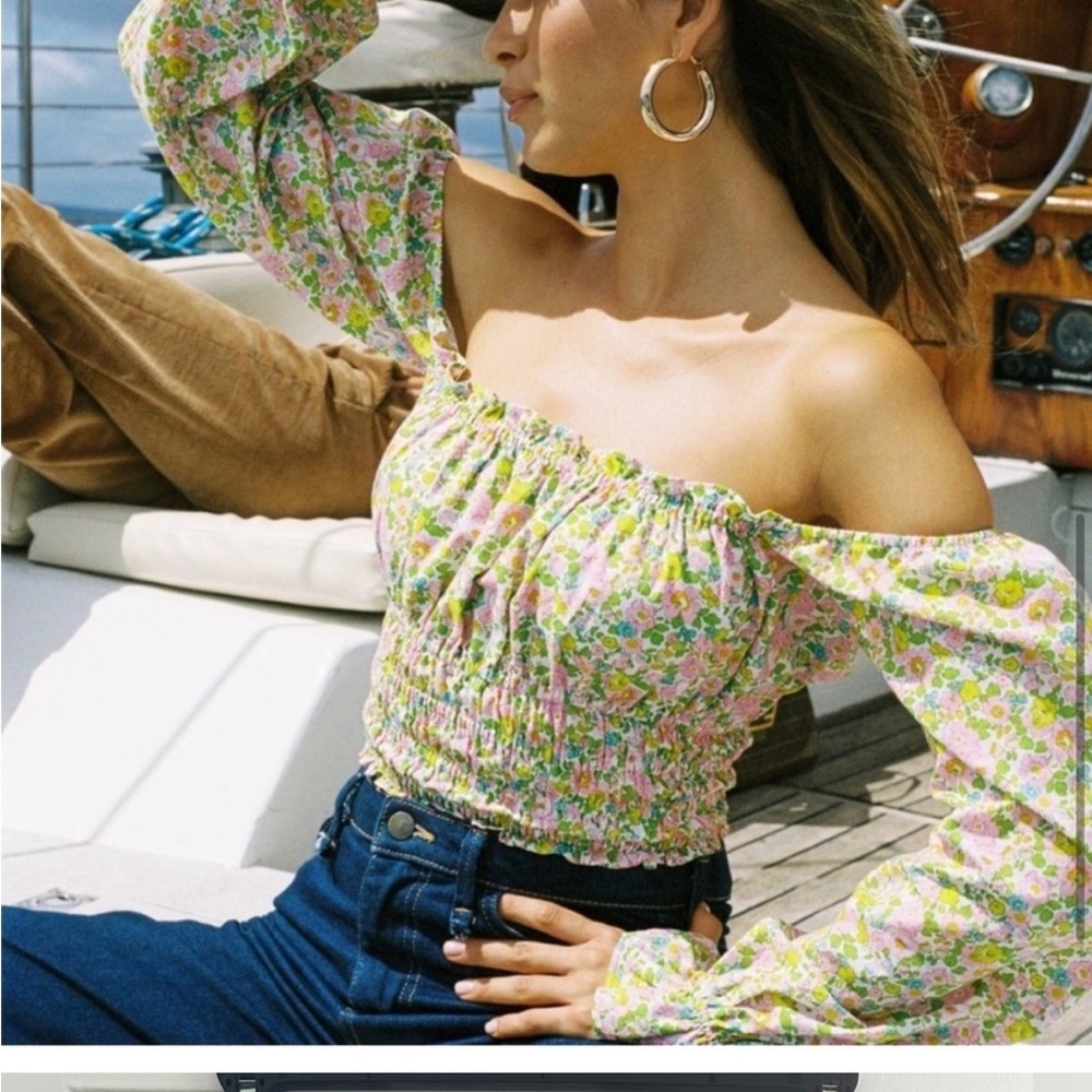 With Jean Green and Yellow Smocked Off-Shoulder Blouse